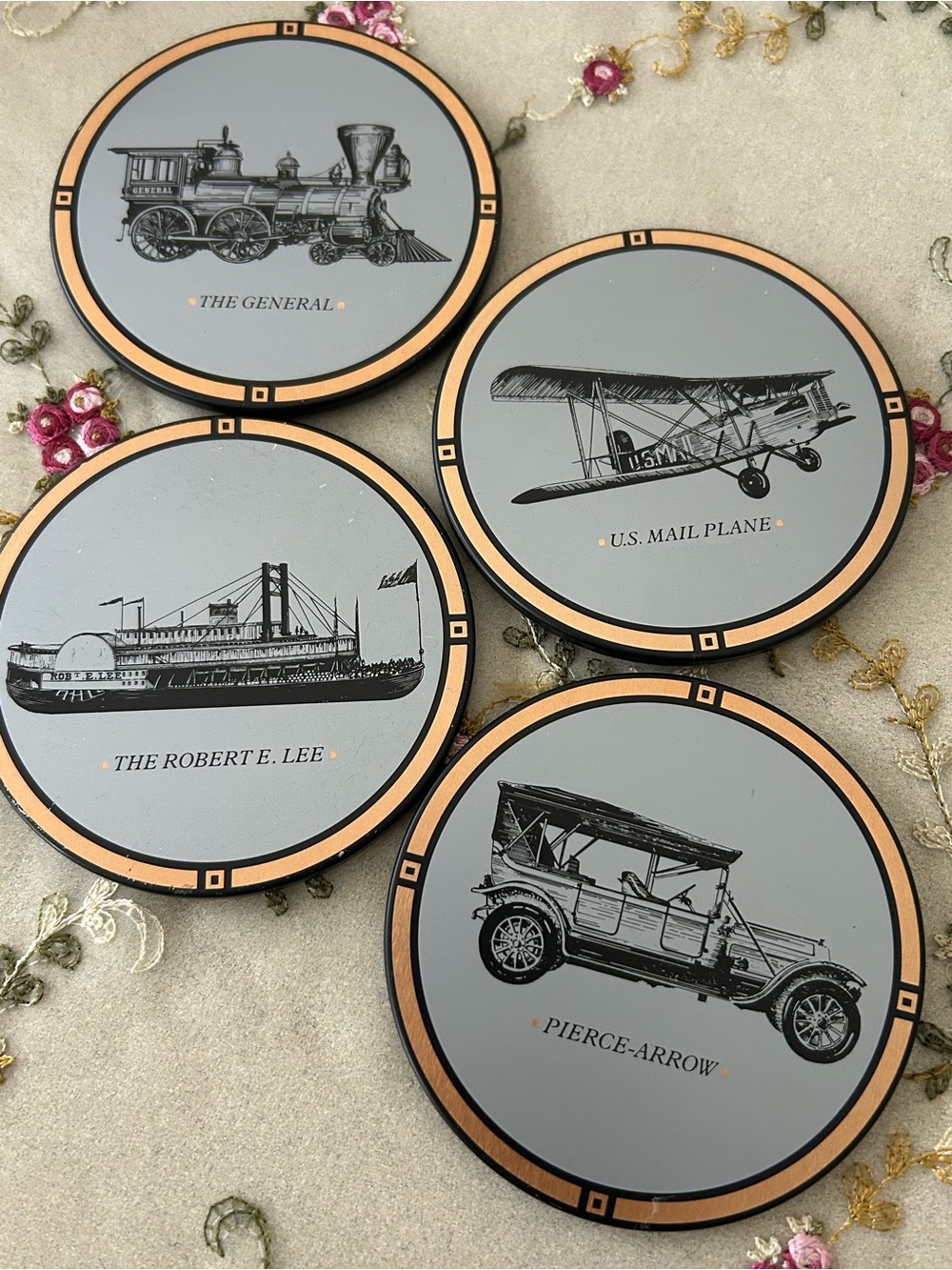 Avon America on the Move Collection Set Of 4 Velvet Bottom Coasters-3.5" VTG